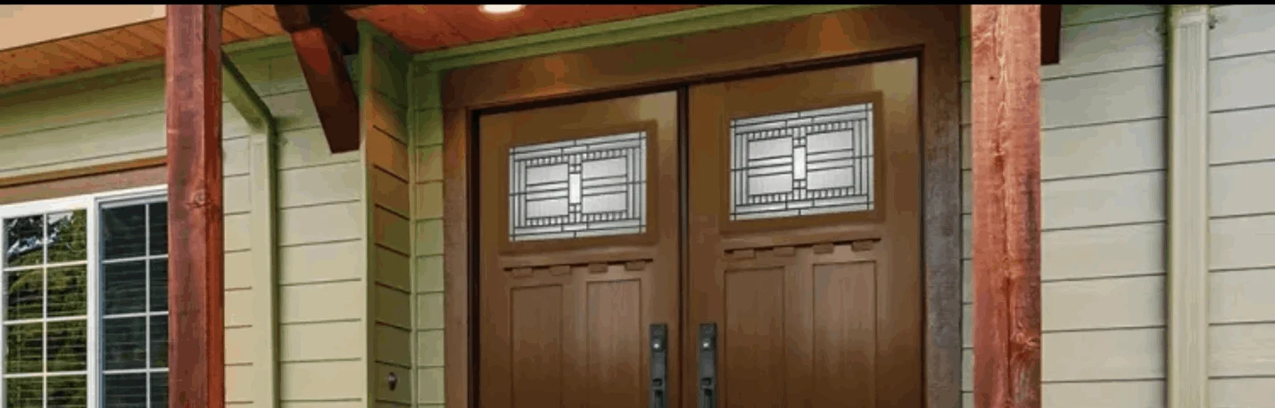 Codel woodgrain fiberglass double entry doors with decorative glass