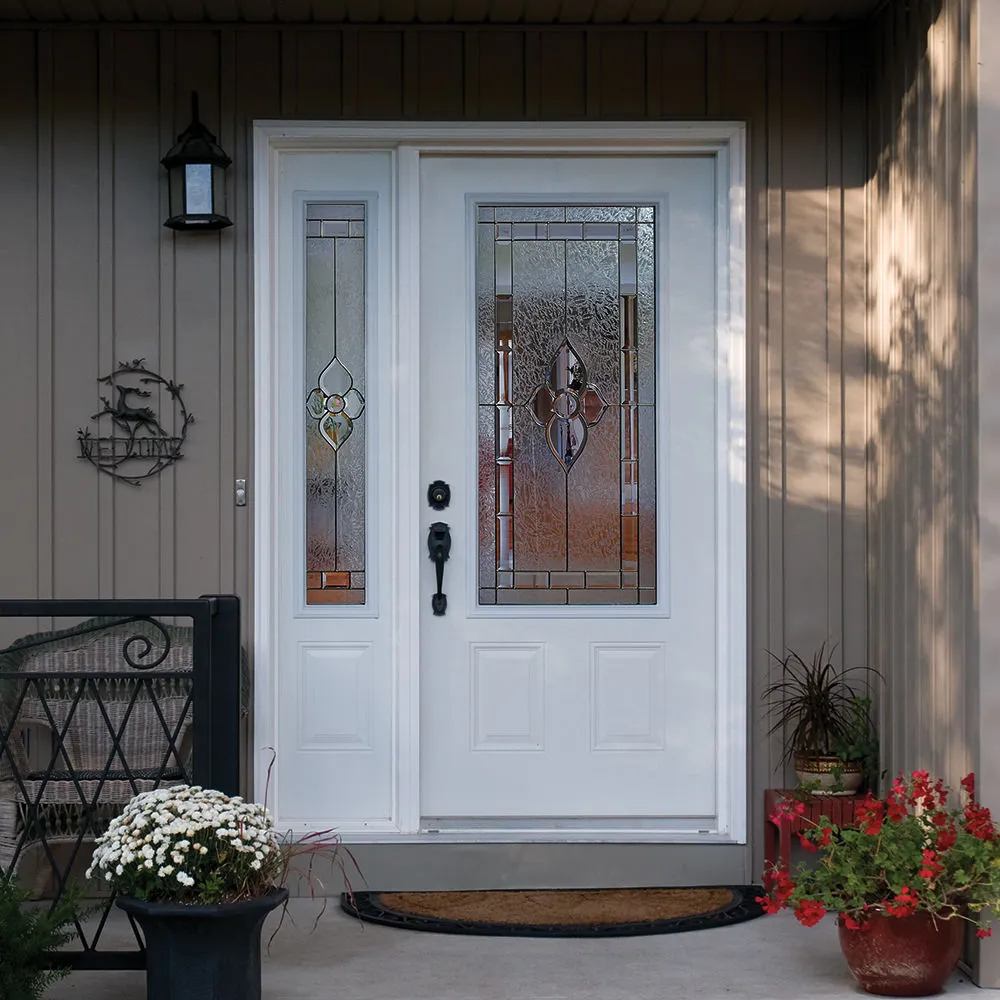 Codel white fiberglass entry door with full decorative glass and sidelite
