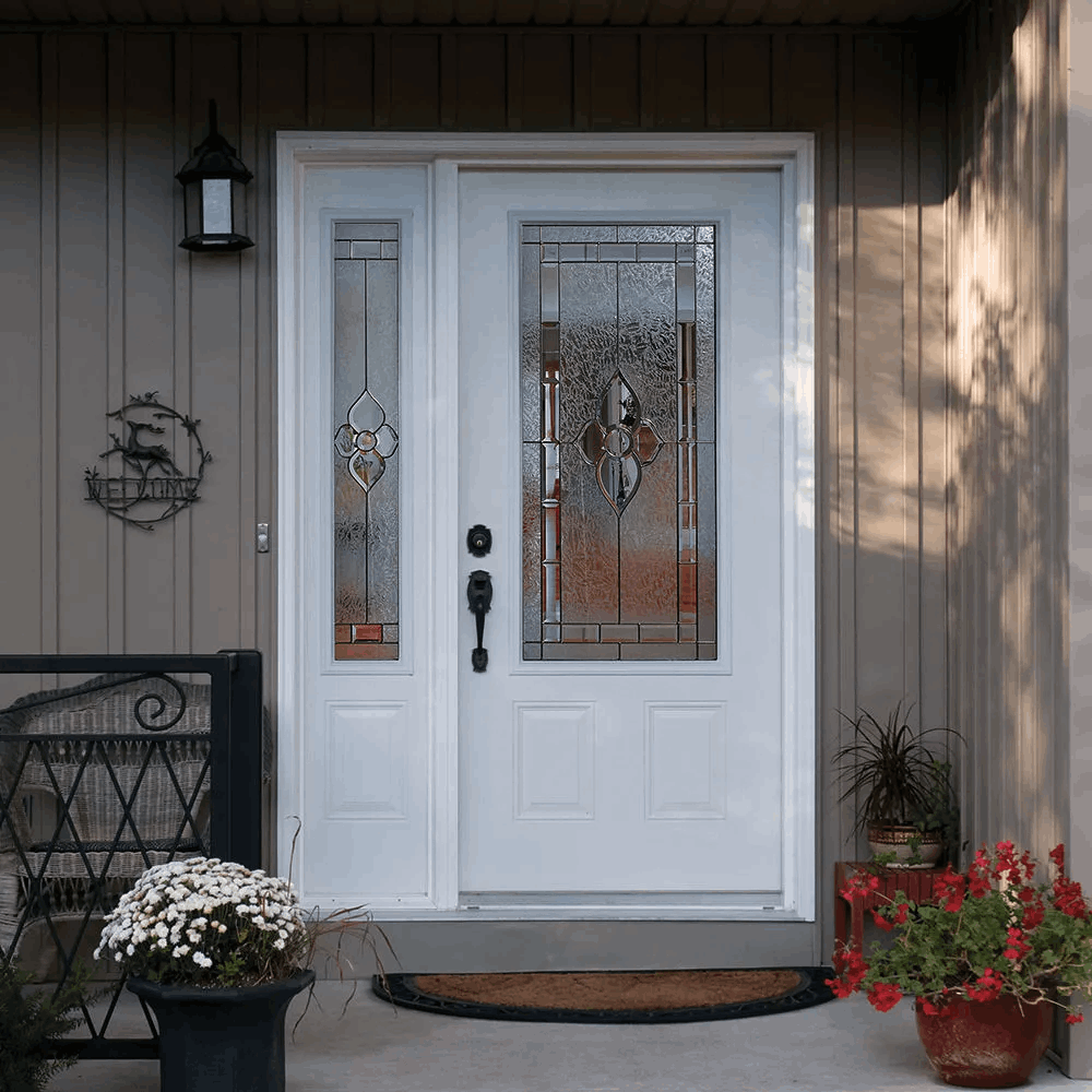 Codel white fiberglass entry door with decorative glass lite and sidelite
